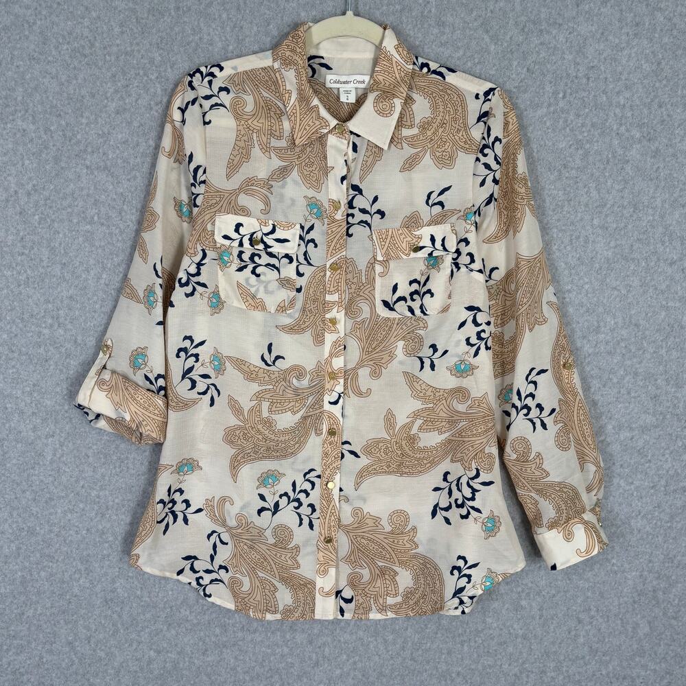 Coldwater Creek Shirt Womens Small 8 Cream Paisley Floral Button Blouse Textured